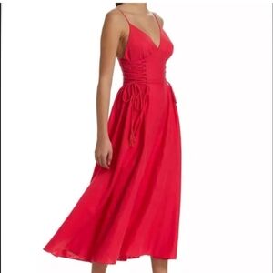 Farm rio Linen-Blend Lace-Up adjustable Midi-Dress red sz XL BNWT